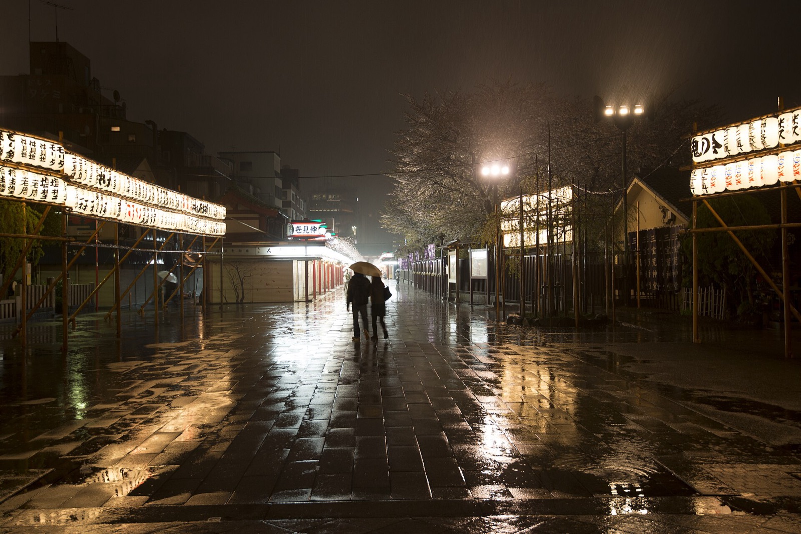 Nakamise-dori shopping street in Asakusa, Tokyo, on a rainy evening